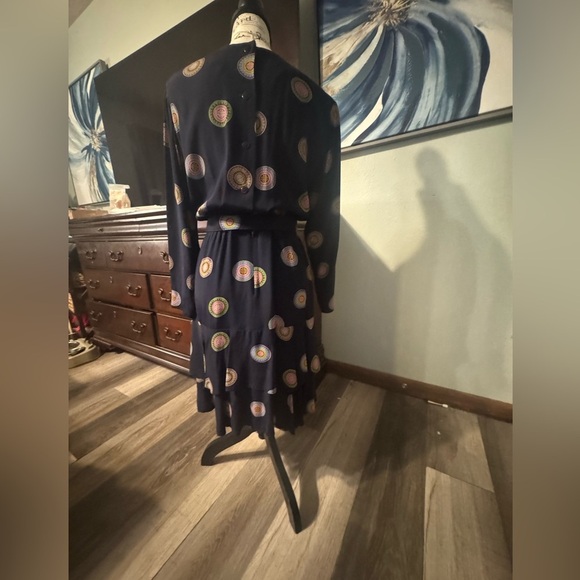 Real Vintage! Darling Navy Mandala Patterned Ruffle Belted Dress EUC!! - Picture 8 of 12